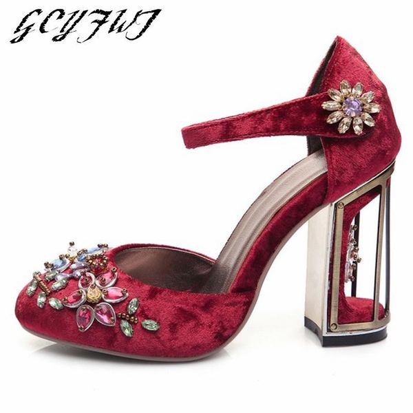 

sandals women vintage baotou velvet hand-sewn rhinestone flower round birdcage female shoes buckle summer mature sandalias mujer, Black
