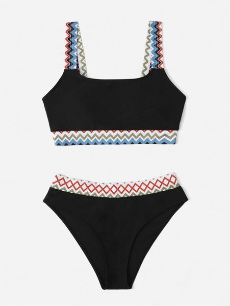 

chevron tape bikini swimsuit 17ku#, White;black
