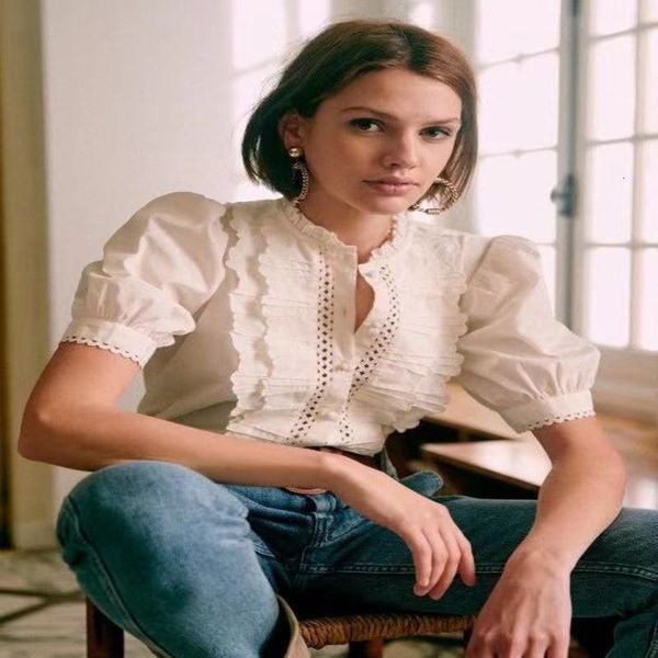 

women's polos spring and summer french elegant style minority stand collar lace single row button bubble sleeve shirt female, White