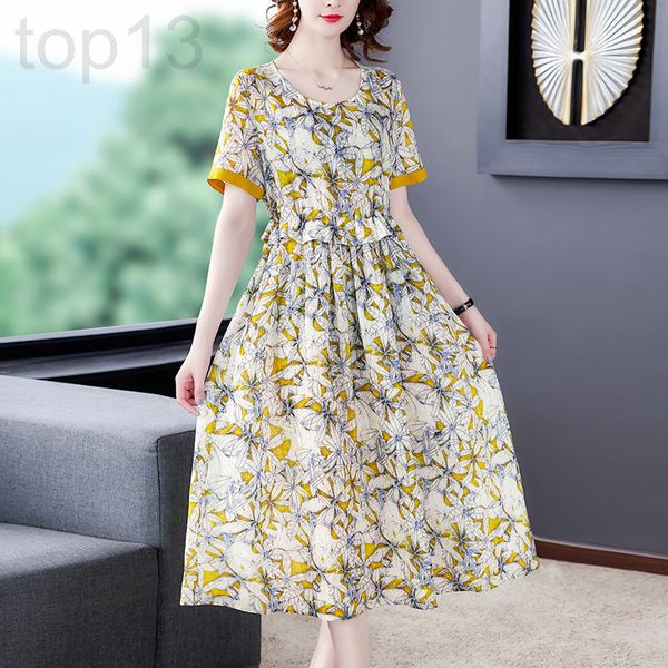 

casual dresses designer 2020 new summer dress, foreign style, short sleeved ramie women's high-end loose large floral cotton and linen, Black;gray