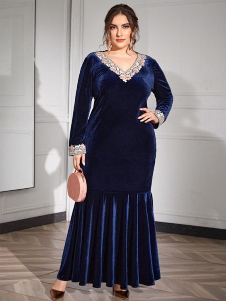 

plus floral embroidery mermaid hem velvet prom dress v5pe#, Black