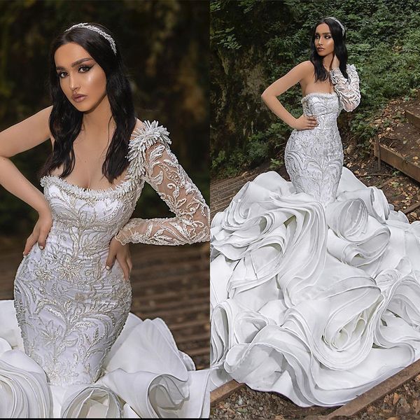 

vintage one shoulder mermaid wedding dresses ruffle tiered long train bridal gowns custom made plus size lace formal dress robe de soiree, White