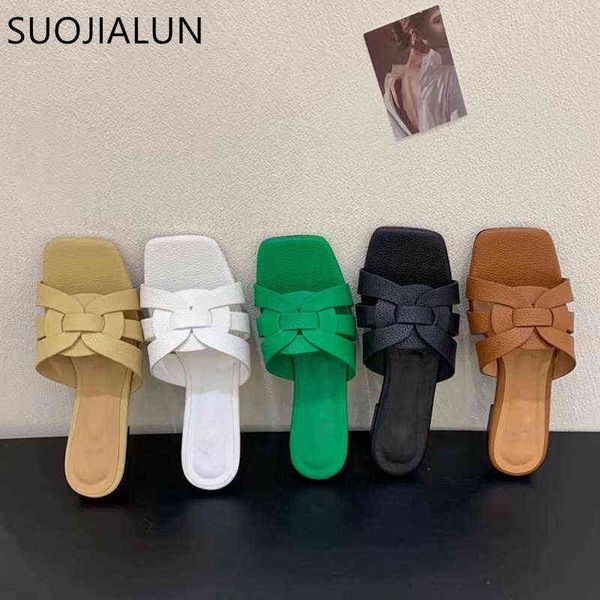 

suojialun 2022 summer new brand women slipper fashion weave square toe ladies slides flat heel casual outdoor flip flop 220627, Black