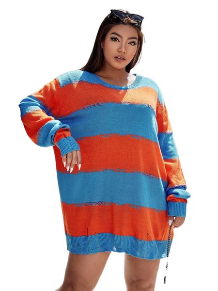 

plus color block drop shoulder ripped sweater t59e#, Black