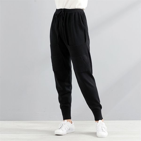 

new women casual harajuku spring autumn big size long trousers solid elastic waist cotton linen pants ankle length pants 823 t200319, Black;white