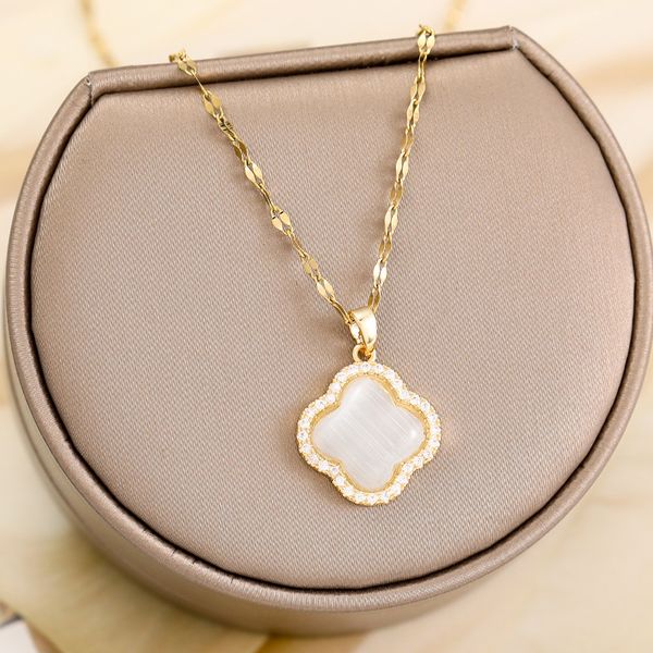 

luxury natural stone clover pendant necklace for women, Silver