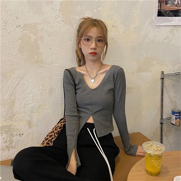 

jxmyy spring and autumn fashion slim carefully slit thin t-shirt short long sleeve knitted navel blouse women 210412, White
