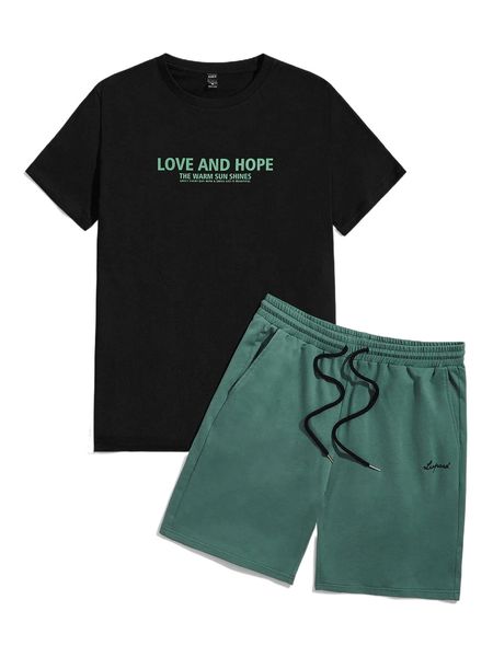 

men slogan graphic tee & track shorts set z301#, Gray