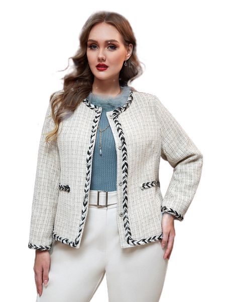 

plus plaid contrast trim overcoat i91u#, Black