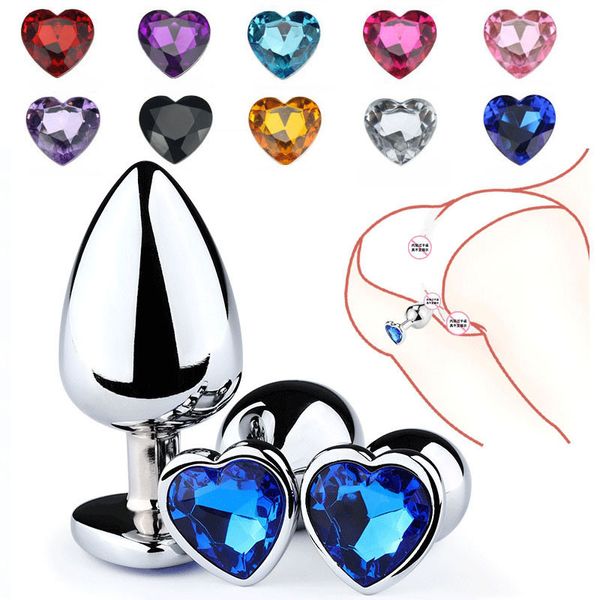 Anal Plug Sexy Toys 3pcs Conjunto de metal em forma de coração Smooth para mulheres homens adultos dilatador de cristal de aço inoxidável de aço inoxidável