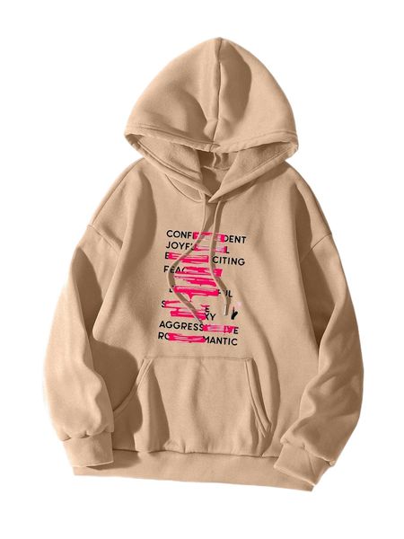 

letter & brush print kangaroo pocket drawstring thermal hoodie r3c0#, Black