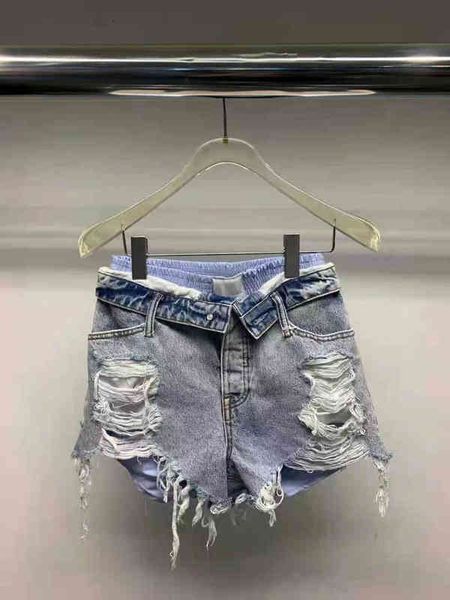 

women's shorts dangjia jeans fake two-piece washed frayed wool fringed high waist flanging shorts, White;black