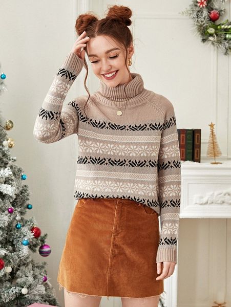 

christmas pattern raglan sleeve turtleneck sweater 386o#, White;black