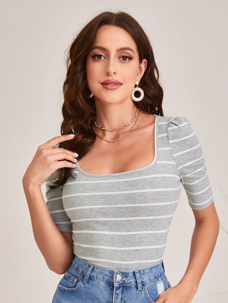 

scoop neck striped tee e9gw#, White