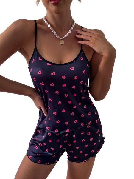 

heart print lettuce trim pj set g5zg#, Black;red