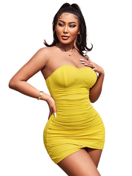 

ruched backless bustier mesh tube bodycon dress t1lp#, Black;gray