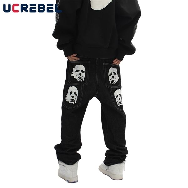 

spoof portrait print denim pants mens high street funny loose straightleg pants streetwear casual jeans y2k trousers men 220627, Blue