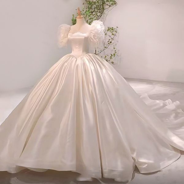 Vestido de noiva da princesa Boho com pérolas mangas de puff ball vestido de bola de cetim macio de country vestidos de noiva para mulheres elegantes boêmios no jardim vestidos de festa da noiva