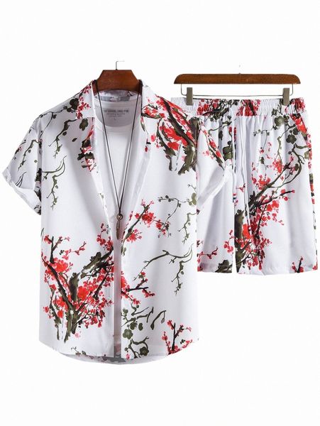 

men random floral print shirt & drawstring waist shorts without tee p6ia#, Gray