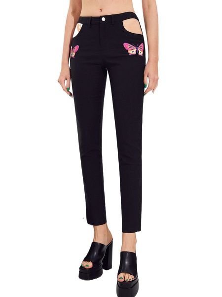 

butterfly print cut out pants f2sb#, Black;white