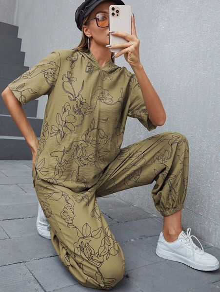 

floral print kangaroo pocket hooded with pants h1vc#, White