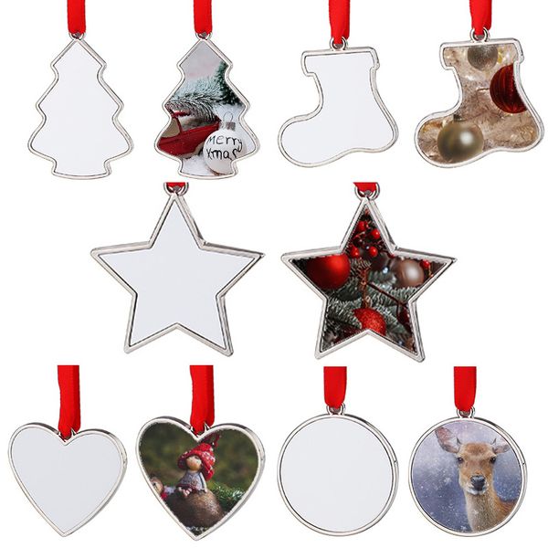 5 estilos sublimação em branco transferência de calor metal pingente pingente pendurado ornamentos de natal decoração de árvore molde de pingente de meias/amor/estrela/redonda para festa de casamento