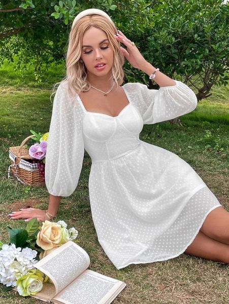 

polka dot sweetheart neck lantern sleeve dress i7ww#, Black;gray
