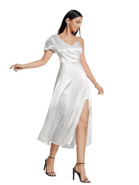 

asymmetrical neck split thigh dress q687#, Black;gray