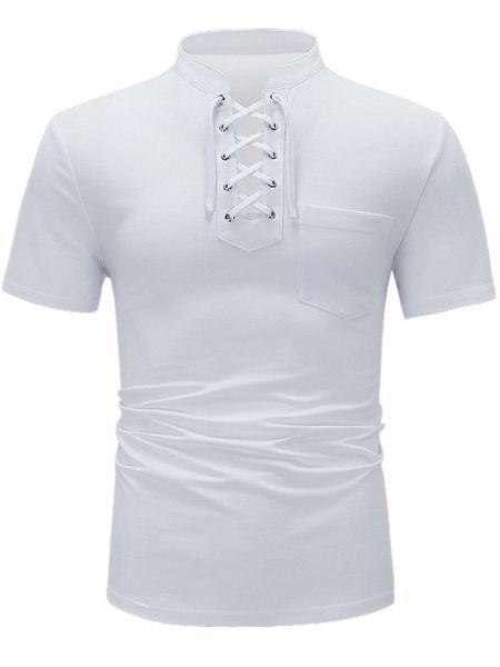 

men grommet lace up patched pocket polo shirt f8e5#, White;black