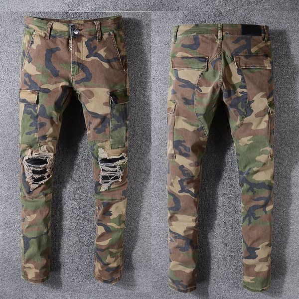 Camouflage-Röhrenjeans, Herren-Passform, zerrissen, Designer-Jeans im Distressed-Stil, zerrissen, für Männer, zerrissene Hosen, beschädigt, langer Reißverschluss, Baggy Distress, Destroyed-Denim, Jugend, schmal, gerades Loch