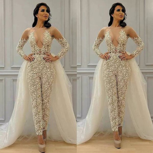 Modest destacável saia macacão vestidos de casamento vestidos de noiva renda applique manga longa elegante calça terno para mulheres vestidos