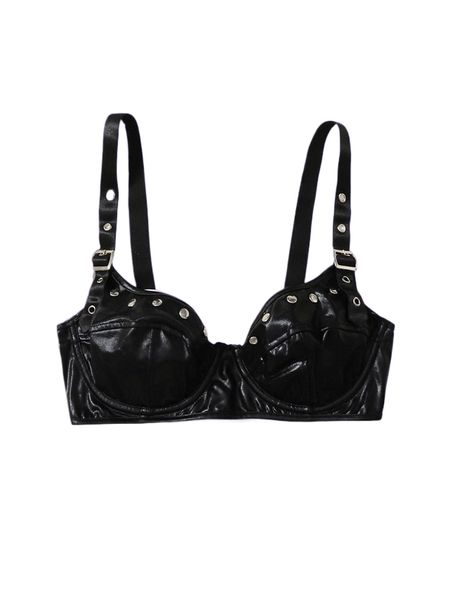 

romwe cyber luvr solid pu studded bra t3vz#, Black;red