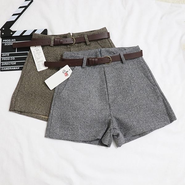 

casual comfortable elegant wild shorts with belt womens woolen shorts autumn winter slim wide leg aline shorts bigsweety y200403, White;black