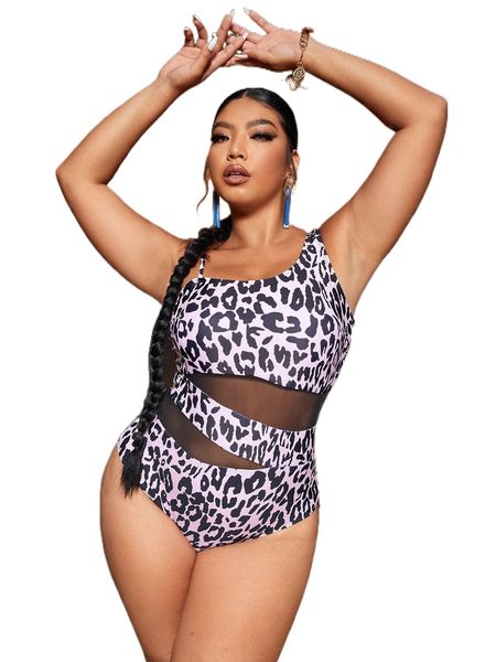 

plus leopard mesh insert asymmetrical neck one piece swimsuit j3f3#, White;black