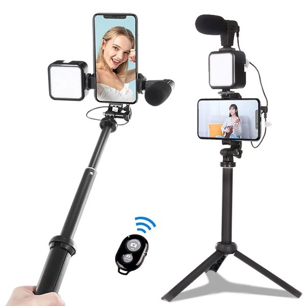 Microfono con luce di riempimento a LED Treppiede portatile Supporto per telefono con video dal vivo Fotografia Selfie Stick Impugnatura per la registrazione Stabilizzatore Bluetooth