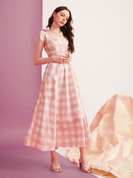 

x brittney laycock buffalo plaid print tie shoulder cami dress p1tz#, Black;gray