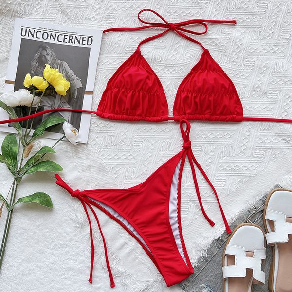 

2022 crumpled wrinkle red bikini set low waist bandage thong swimsuit women swimwear brazilian biquinis bathing suit female, White;black