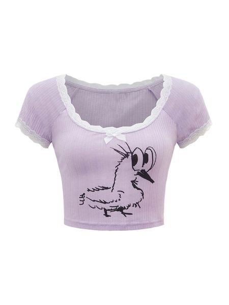 

x highspeeddoggy lace trim bow detail bird print tee c7ta#, White