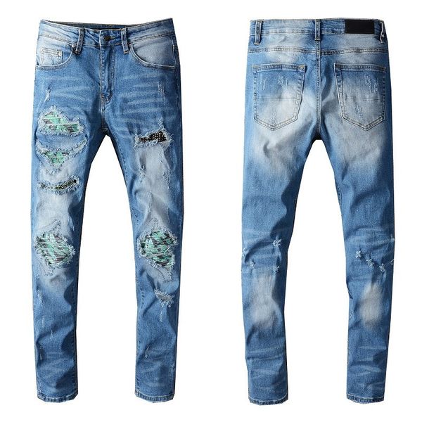 Мужские синие джинсы, узкие потертые джинсовые брюки, рваные, рваные до колена, для мужчин, с заклепками, заплатки, узкие, прямые, с дырками, размер 28–40, длинные смягчители, милый модный стиль