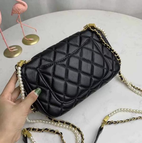 

tz 26cm/20cm women flap crossbody bag handbags black genuine leather designer bags golden beads chains shoulder bags diamond quilting classi