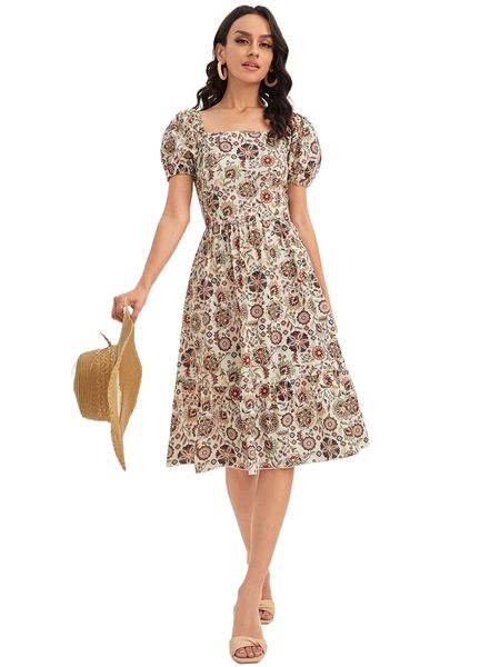 

floral print puff sleeve square neck ruffle hem dress v4uj#, Black;gray