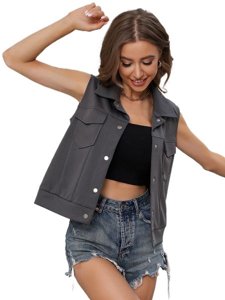 

flap pocket single breasted sleeveless jacket h4zo#, Black;brown