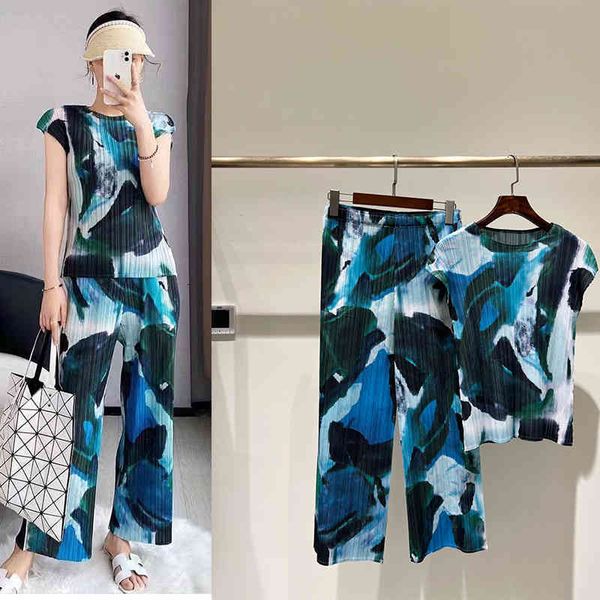 

women's suits blazers p185365lh nature flower language series printed pleated fabric t-shirt wide leg pants set women, White;black