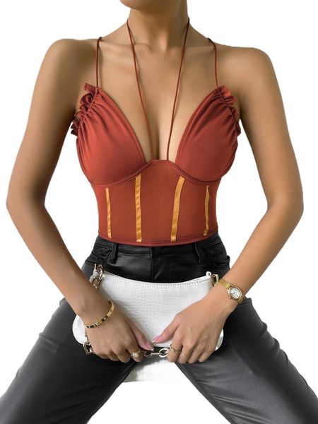 

crisscross tie back frill trim crop cami o67f#, White