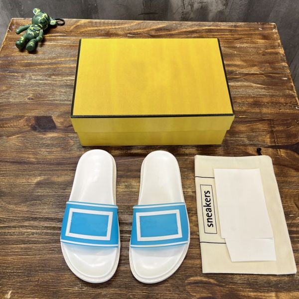 

baguette designer slides rubber sandals women men ff slippers light blue summer fahion with wide band non-slip double f outdoor slipper e6h2, Black