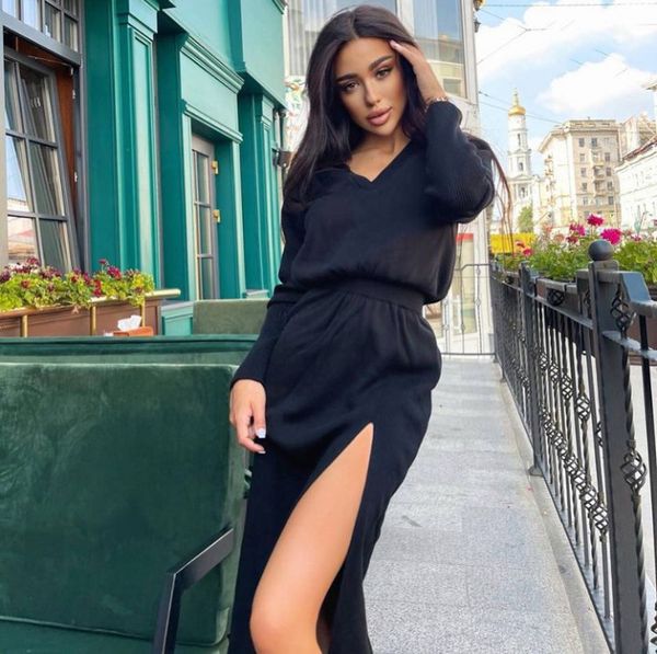 

casual dresses knitted v-neck slit tunic women's dress elegant turn-down collar high waist long female winter lady party, Black;gray