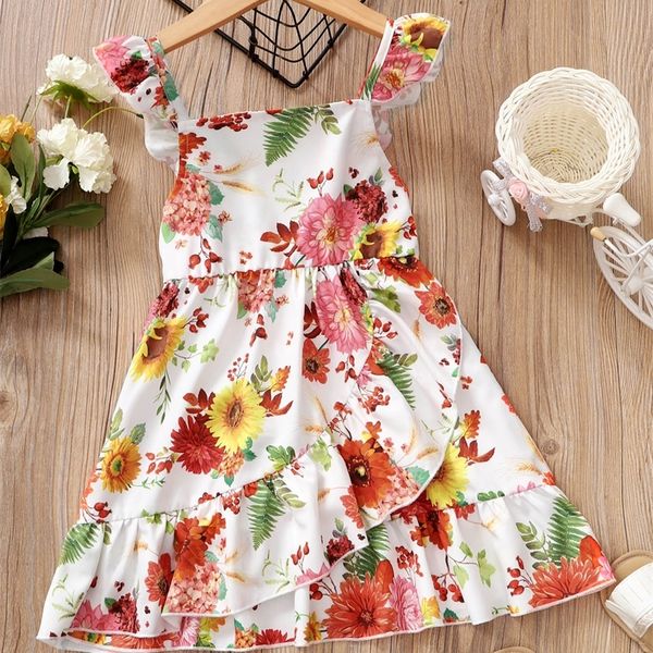 

little girl's printed ruffle suspender dress she, Red;yellow