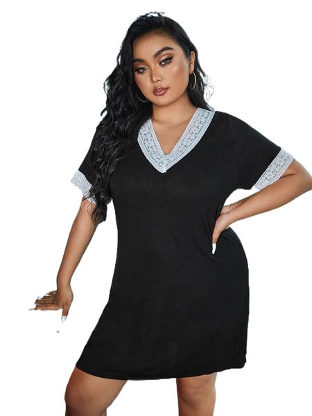 

plus contrast lace trim nightdress 33pj#, Black;white