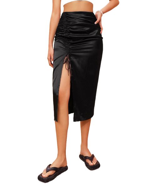 

high waist twist front satin skirt u7c9#, Black