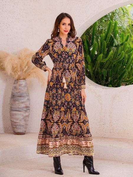 

paisley scarf print shirred waist ruffle hem dress g2mv#, Black;gray